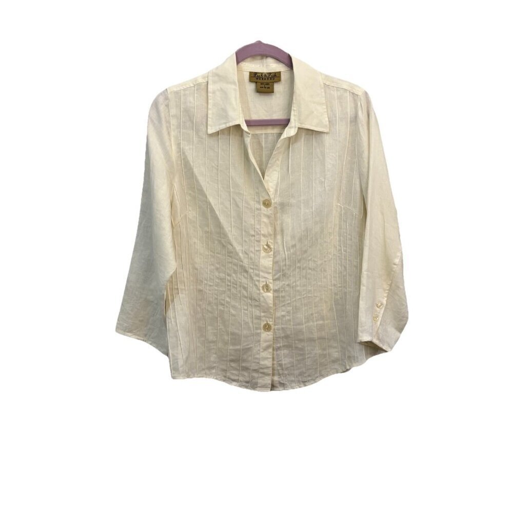 Peck And Peck Weekend Linen Collared Button Up Shirt 3/4 Sleeve Beige Size Large